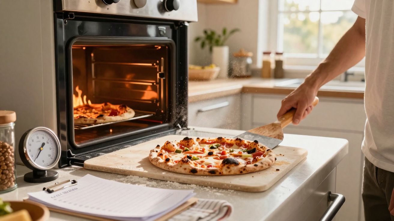 Pessoa a retirar pizza acabada de sair do forno numa cozinha iluminada com utensílios de cozinha visíveis.