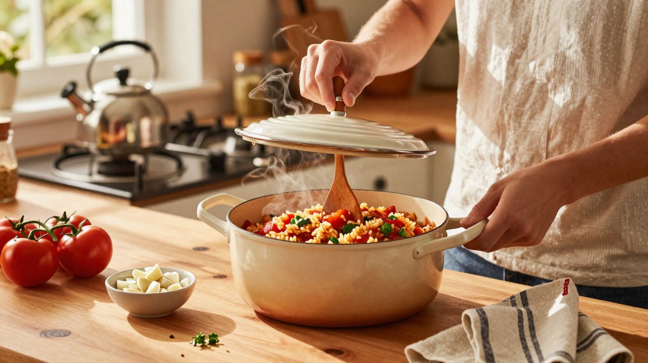 Pessoa a levantar a tampa de panela com arroz, tomate e ervas numa cozinha iluminada e cozinha a fundo.