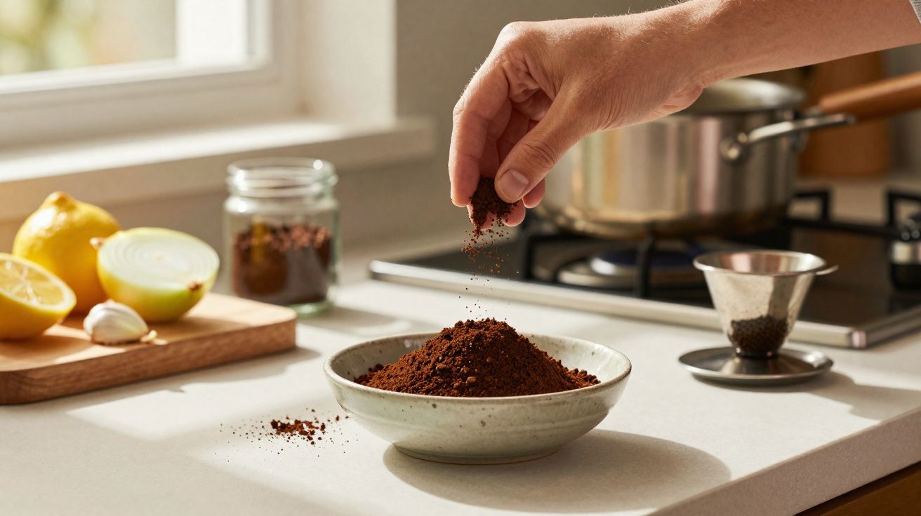 Mão a polvilhar especiarias em pó numa tigela em bancada de cozinha com limões, cebola e alho ao fundo.