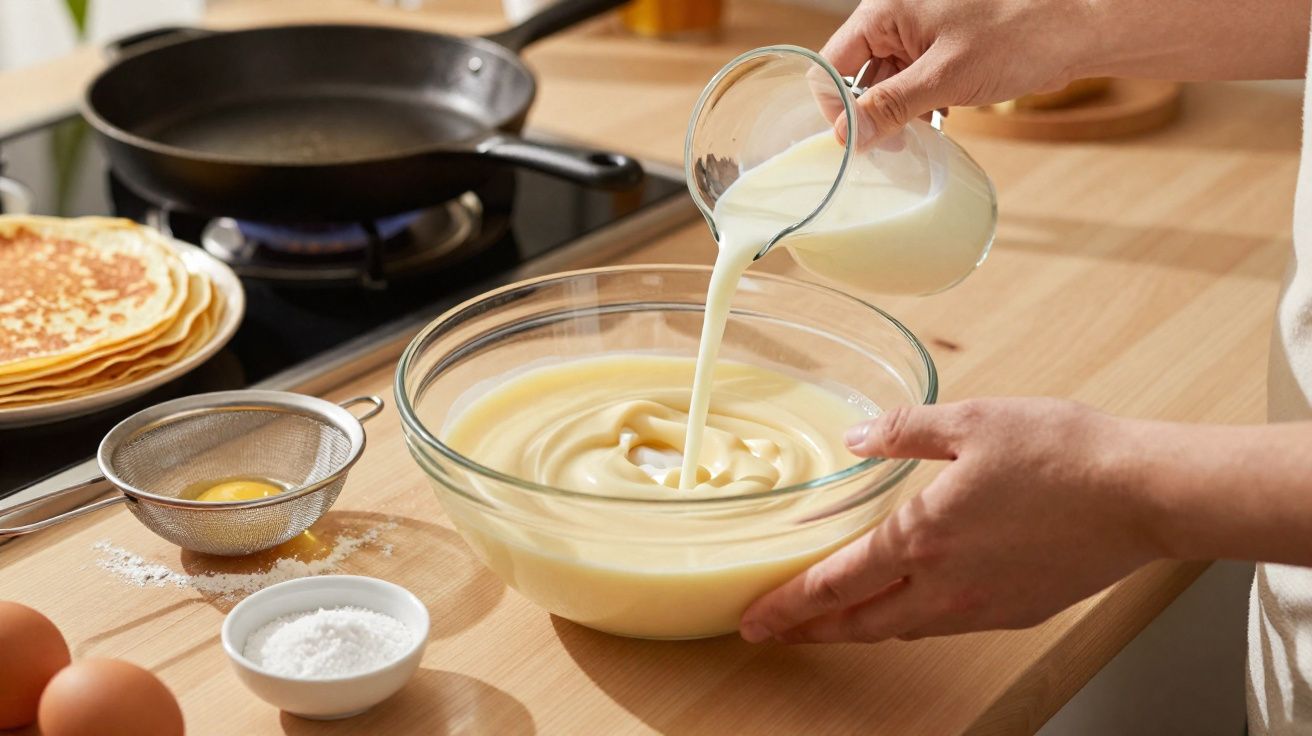 Pessoa a despejar leite numa tigela com mistura para panquecas, ao lado de ovos, açúcar e panquecas prontas.