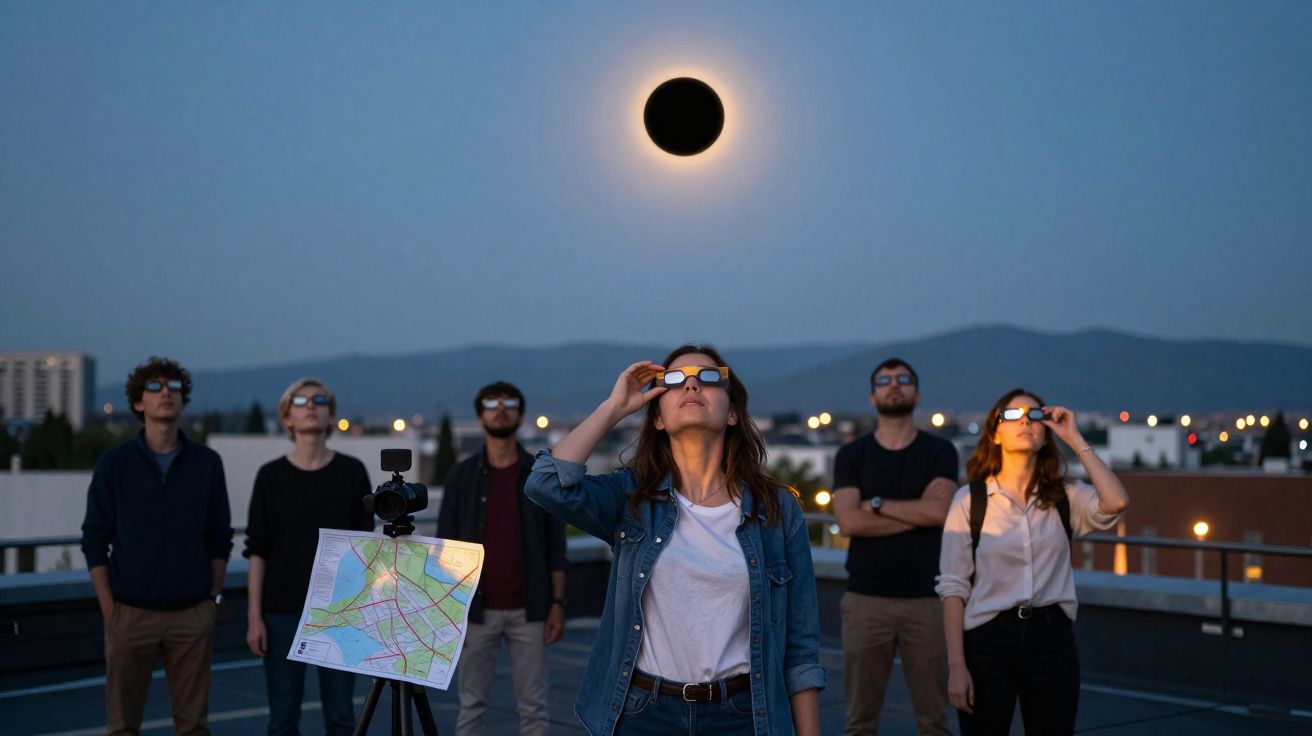Grupo de pessoas num terraço a observar eclipse solar com óculos de proteção e mapa numa câmara.