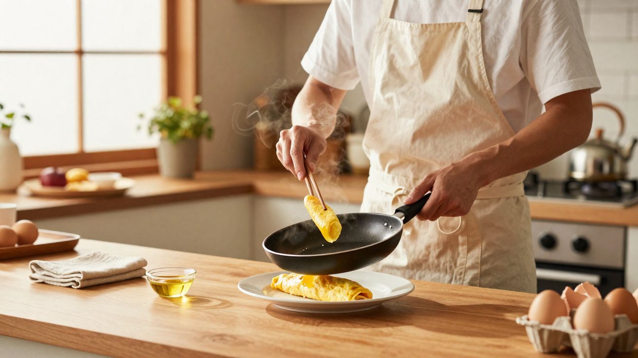 Pessoa a cozinhar e a servir uma omelete numa cozinha clara com utensílios e ovos em cima do balcão.