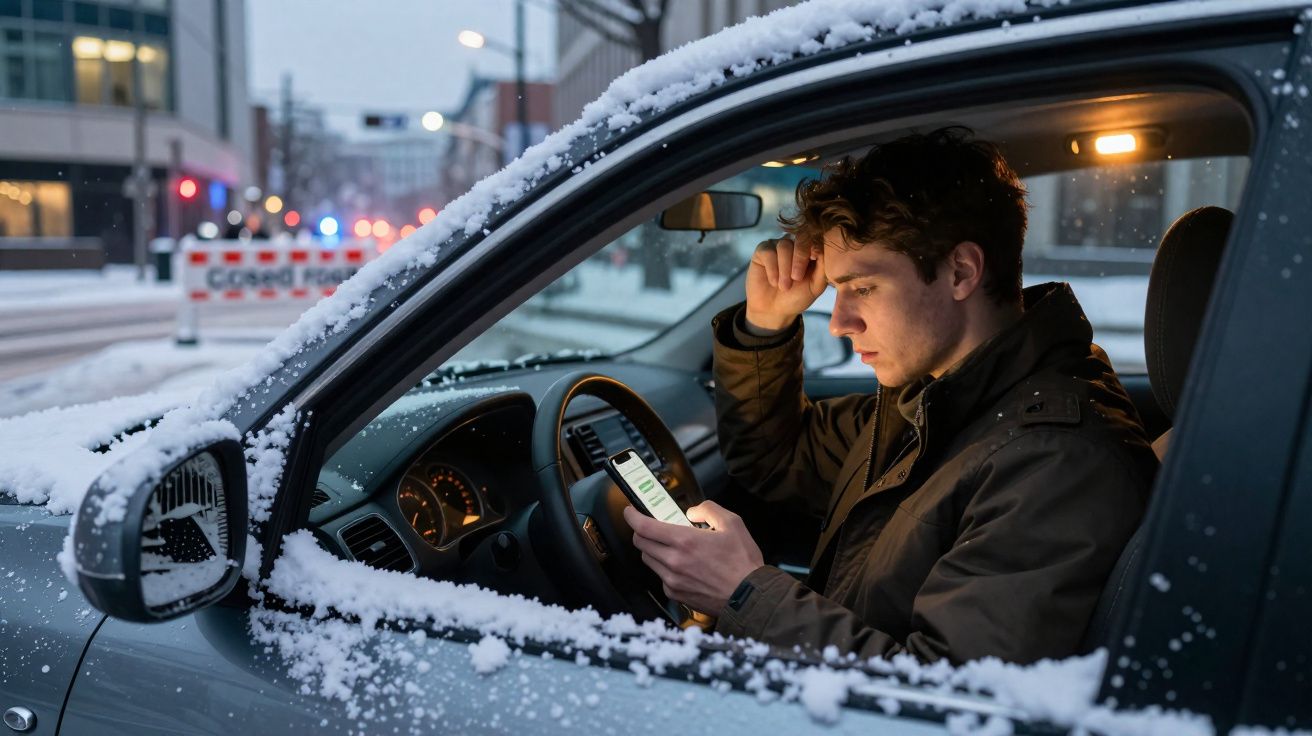 Homem preocupado a olhar para o telemóvel dentro de carro coberto de neve numa rua urbana ao anoitecer.