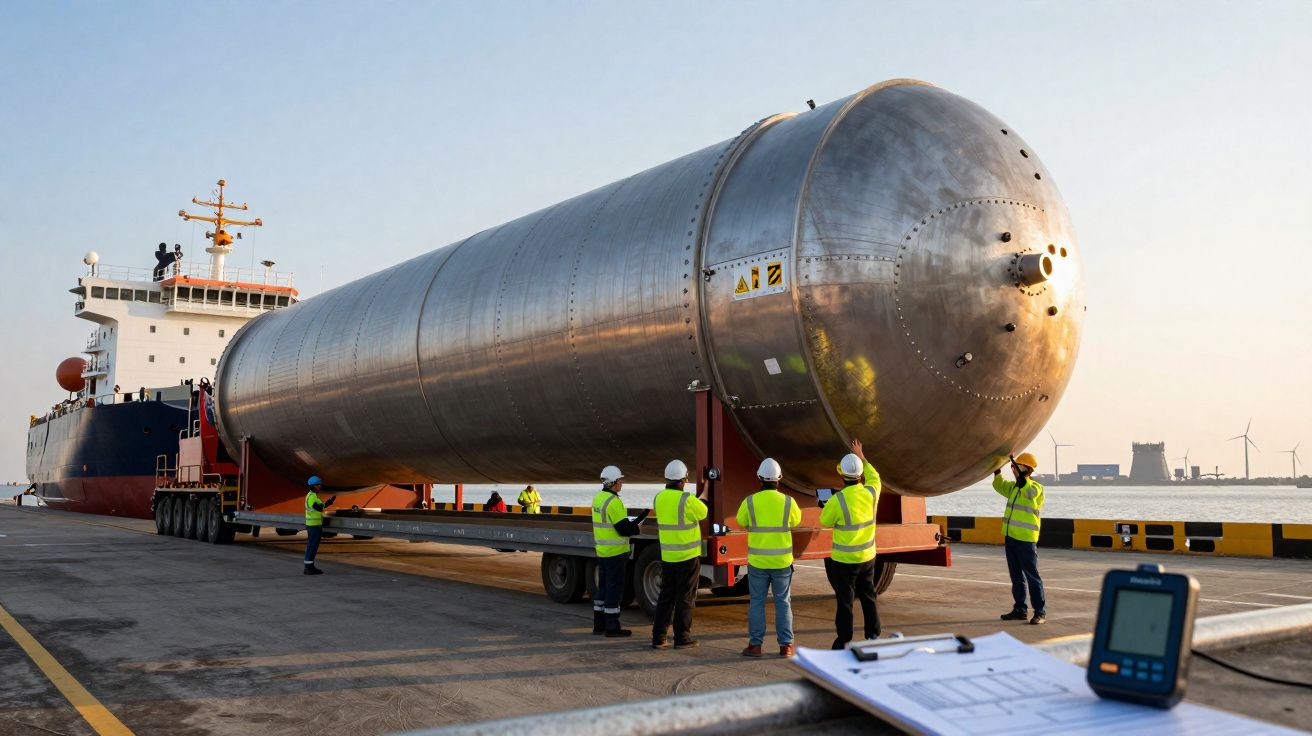 Trabalhadores com coletes reflexivos carregam grande cilindro metálico num cais junto a navio cargueiro.