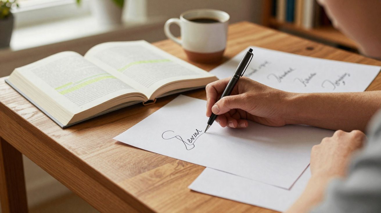 Pessoa a assinar documentos numa secretária de madeira com livro aberto e chá perto da mão.