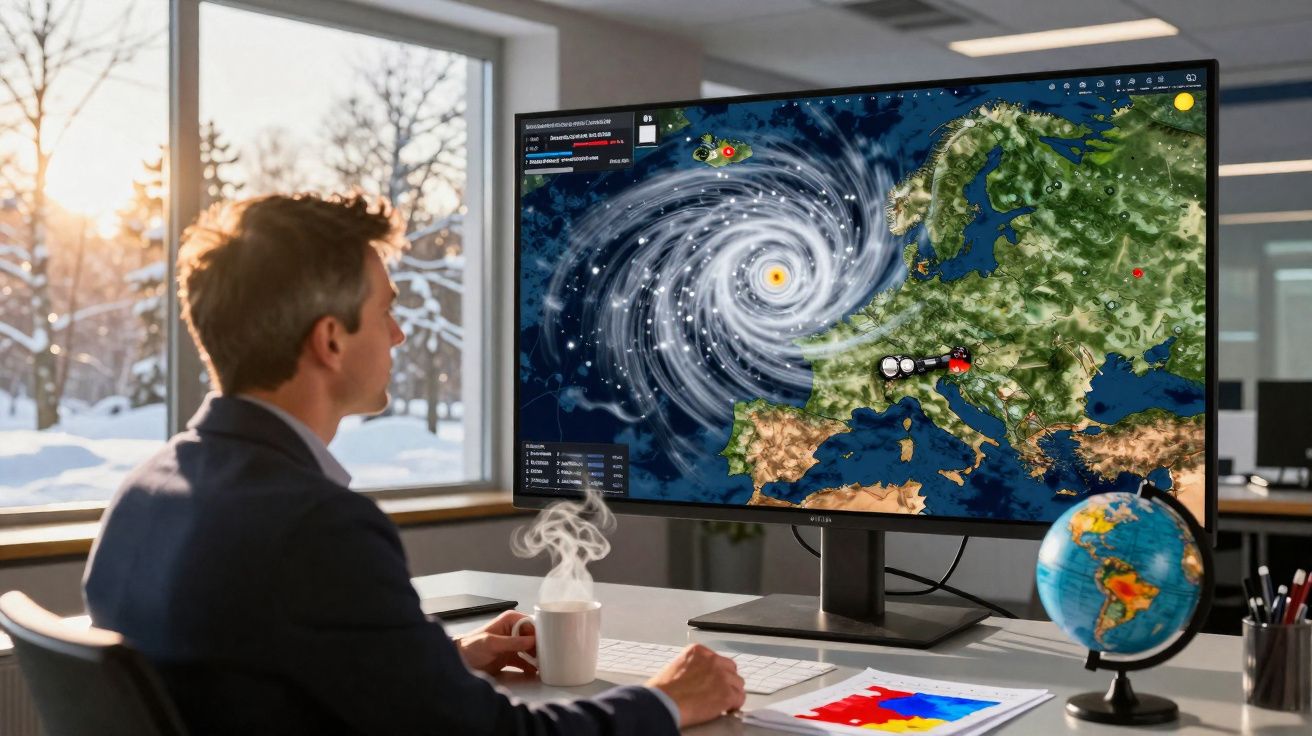 Homem a analisar numa sala um mapa digital da Europa com um furacão na tela do computador.