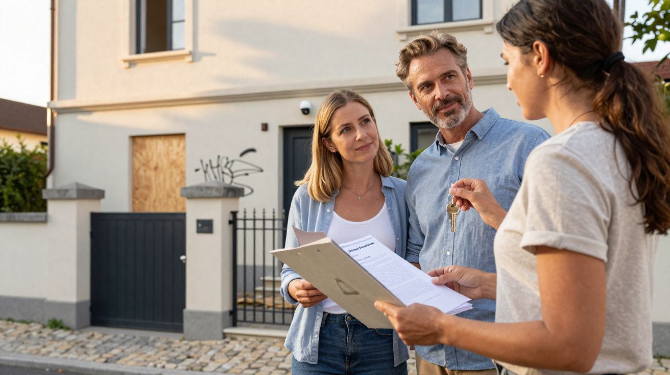 Pessoa entrega chaves e documento a casal em frente a casa moderna, simbolizando compra ou aluguer de imóvel.