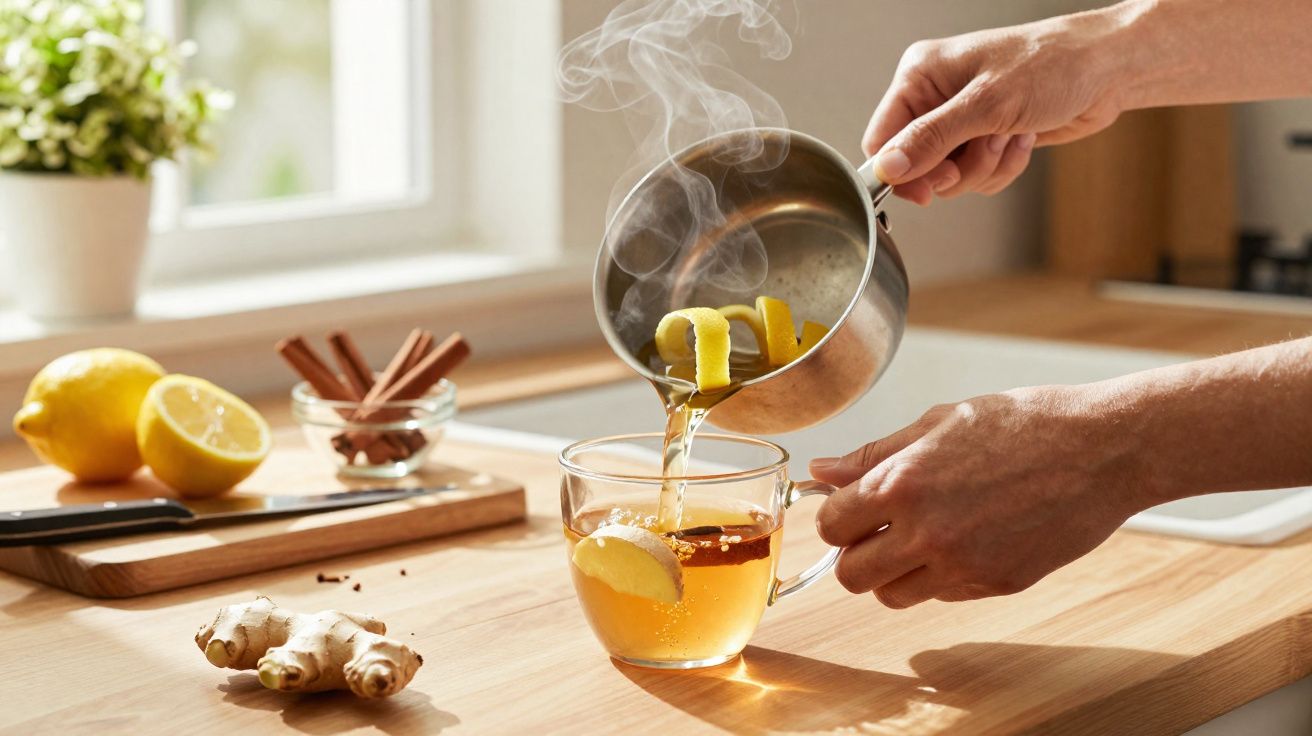 Pessoa a verter chá quente com gengibre e limão numa chávena transparente numa cozinha iluminada.