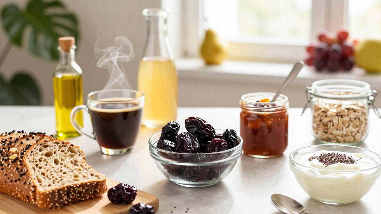 Pequeno-almoço saudável com pão de sementes, chá, tâmaras, compota, iogurte com sementes e aveia.