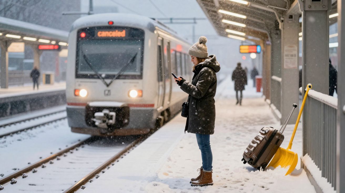 Homem com casaco e gorro espera num apeadeiro coberto de neve, com comboio cancelado à chegada.