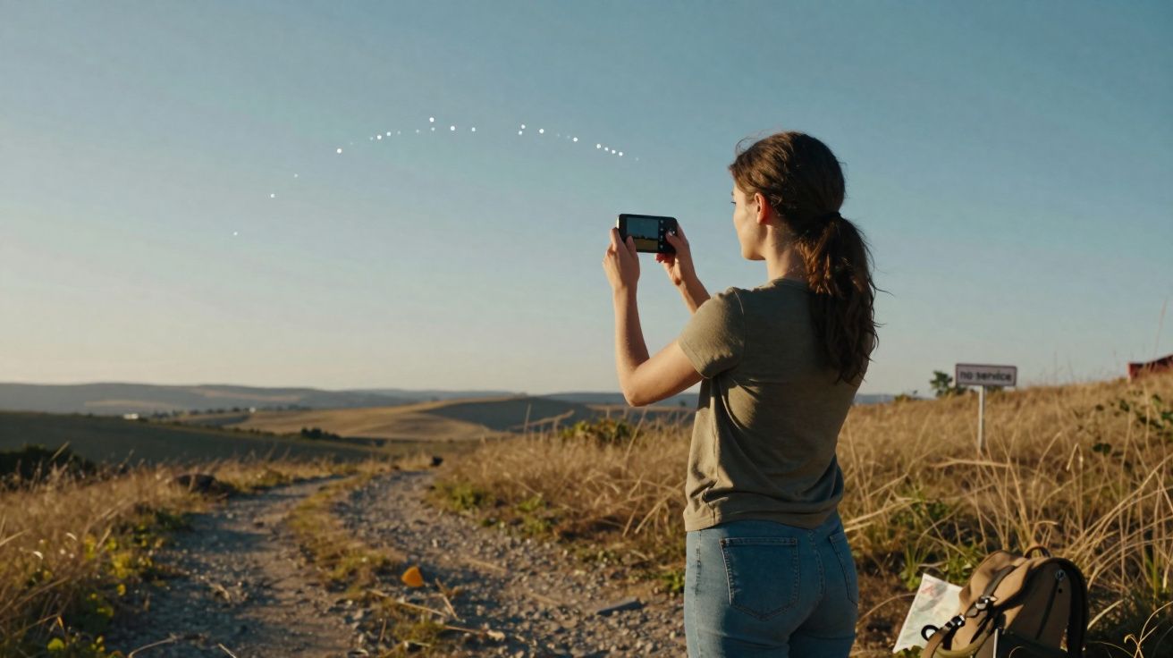 Mulher a tirar foto com telemóvel em trilho rural durante pôr do sol.