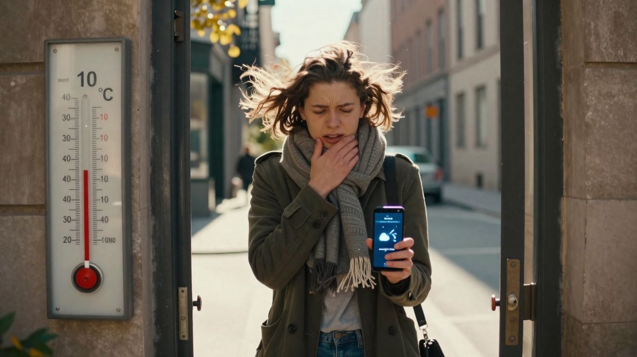 Mulher com roupa de inverno segura telemóvel e toca a garganta do lado de um termómetro com 10 graus Celsius.