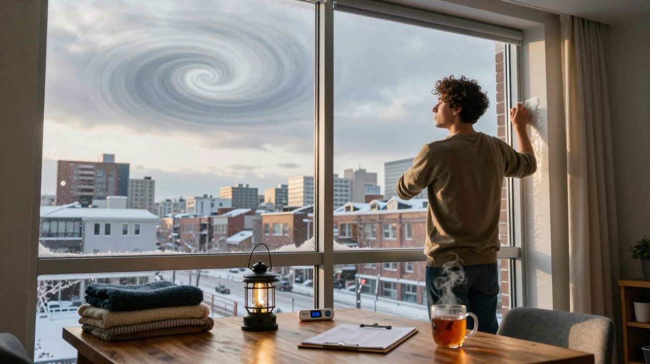 Jovem observa remoinho no céu pela janela de uma casa durante um dia de inverno na cidade.