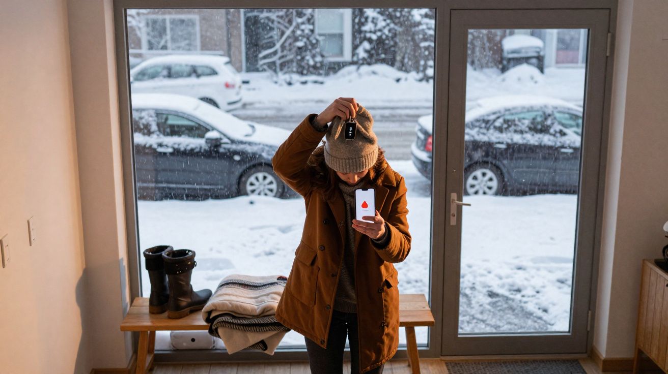 Pessoa mostra medidor de glicose com alerta de gota de sangue, num interior com neve do lado de fora.