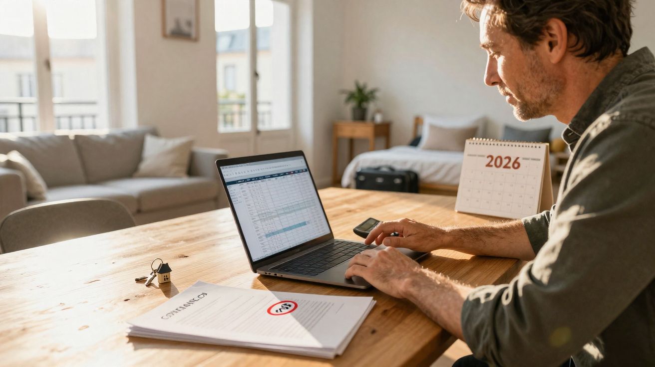 Homem a trabalhar num computador portátil numa mesa com documentos e calendário de 2026 numa sala bem iluminada.