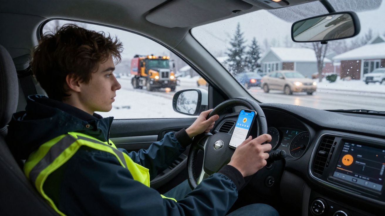Jovem ao volante de carro na neve, a usar um telemóvel e vestindo colete refletor amarelo.