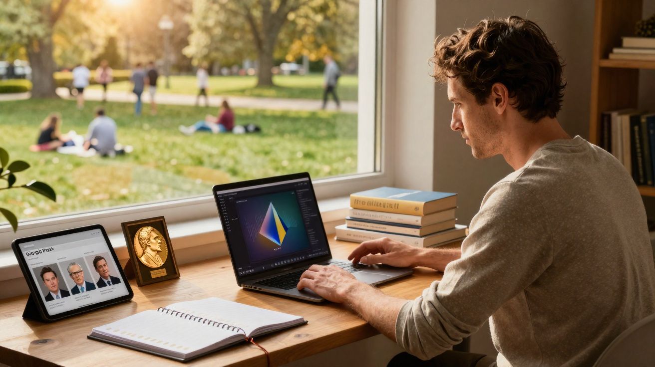 Homem sentado numa secretária a trabalhar num computador portátil junto a uma janela com vista para um parque.