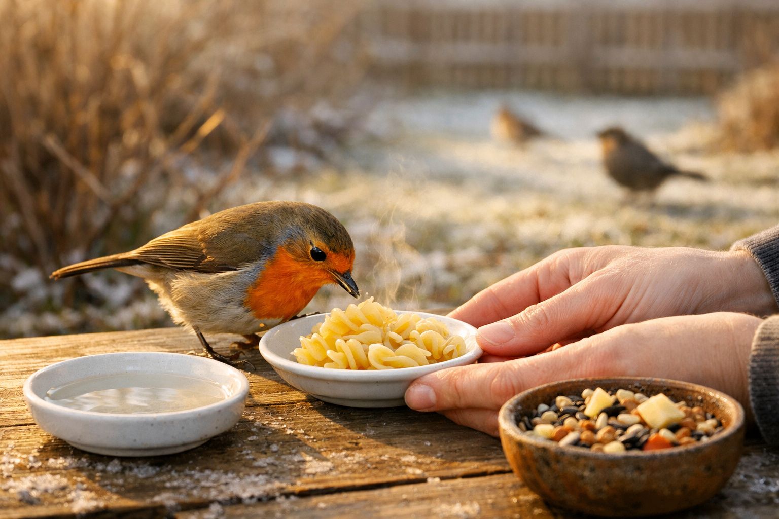 Pássaro com peito vermelho a comer massa numa mesa de madeira com mãos humanas a segurarem o prato.