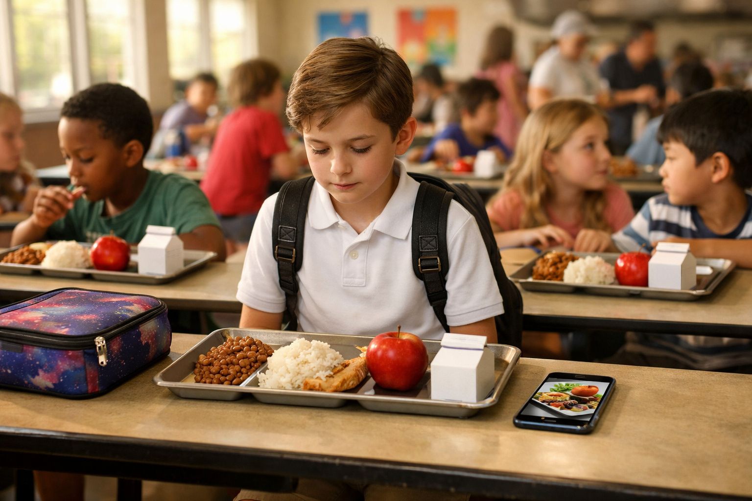 Criança sentada numa cantina escolar com bandeja de comida à frente e outros alunos ao fundo.