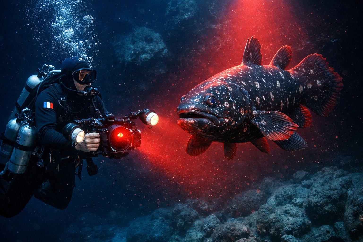 Mergulhador com câmara e luz vermelha a filmar um grande peixe abissal num ambiente subaquático escuro.