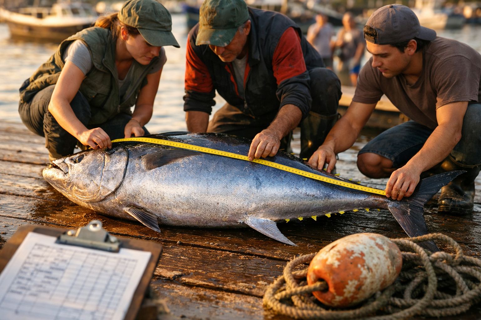 Três pescadores medem atum gigante sobre um cais de madeira ao pôr do sol.