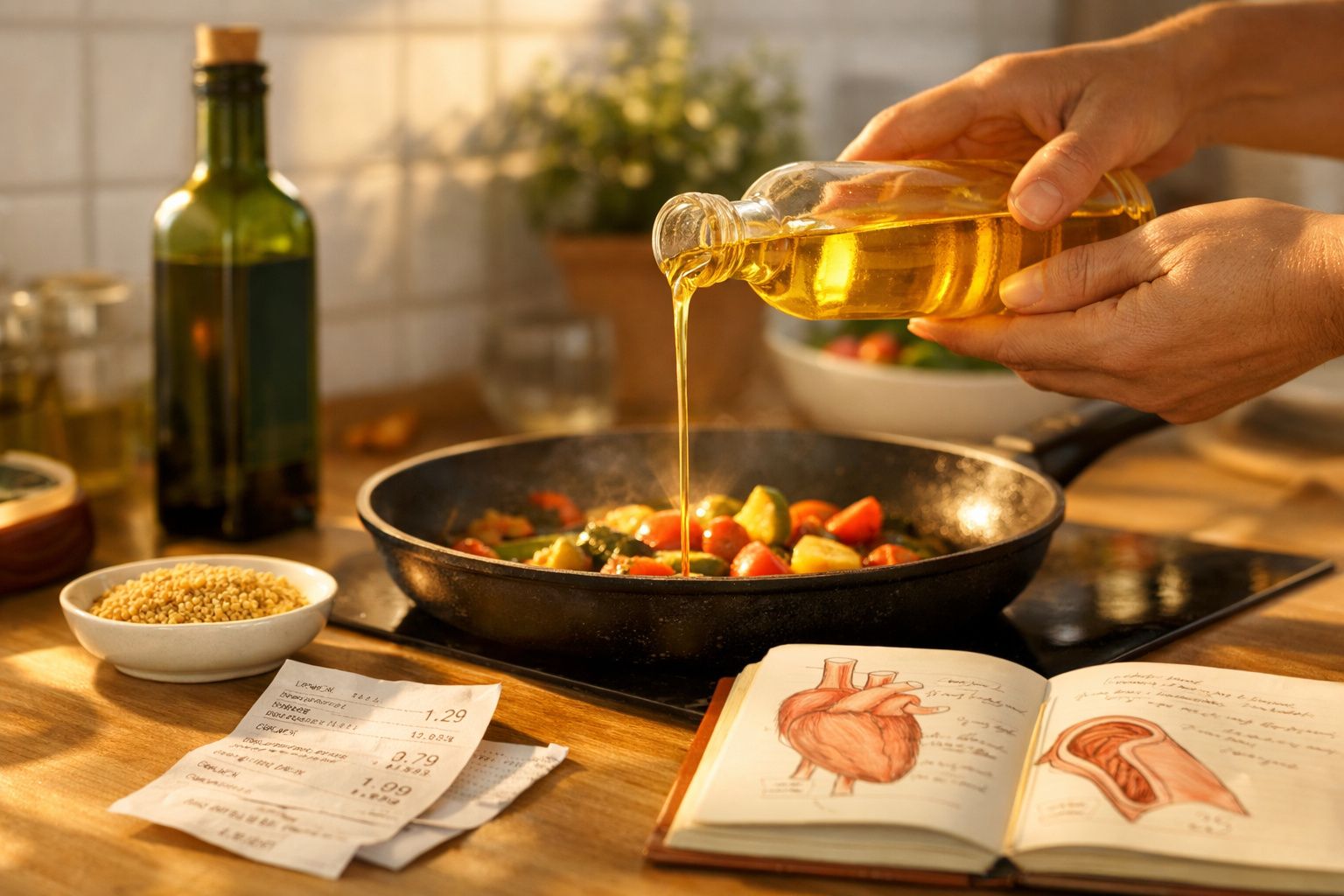 Mãos a deitar azeite numa frigideira com legumes, livro aberto com ilustrações anatómicas na mesa.