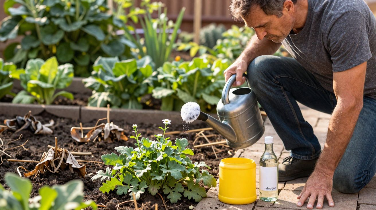 Homem rega plantas num jardim com regador metálico e produtos de jardinagem ao lado.