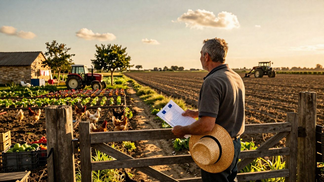 Homem com chapéu observa terreno agrícola com galinhas, tratores e vegetação ao pôr do sol.