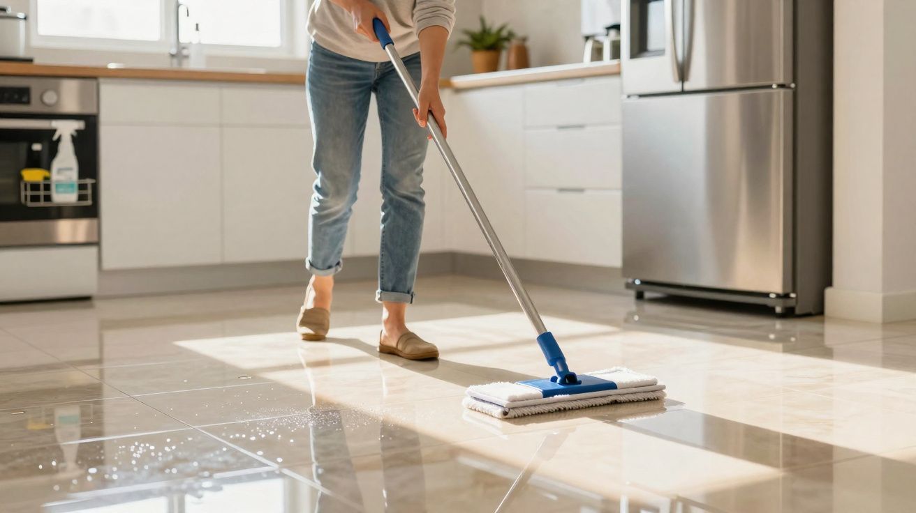 Pessoa a limpar o chão da cozinha com um esfregão num ambiente moderno e luminoso.
