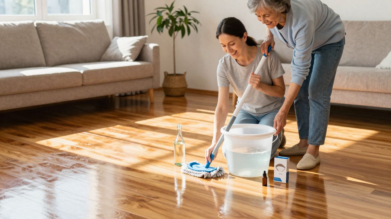 Mulher jovem limpa o chão de madeira com esfregona enquanto idosa a ajuda sorrindo na sala de estar.