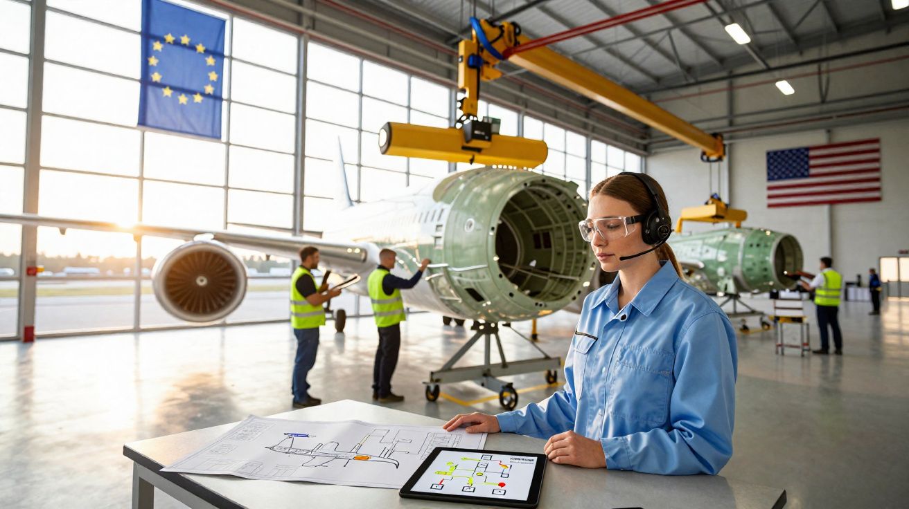 Mulher com equipamento de proteção revisa planos na fábrica de montagem de aviões com trabalhadores ao fundo.