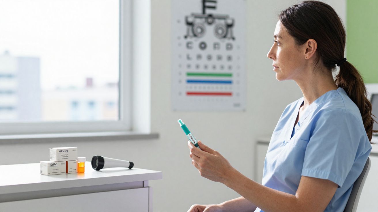 Profissional de saúde sentada a segurar instrumento médico numa clínica com tabela de optometria ao fundo.