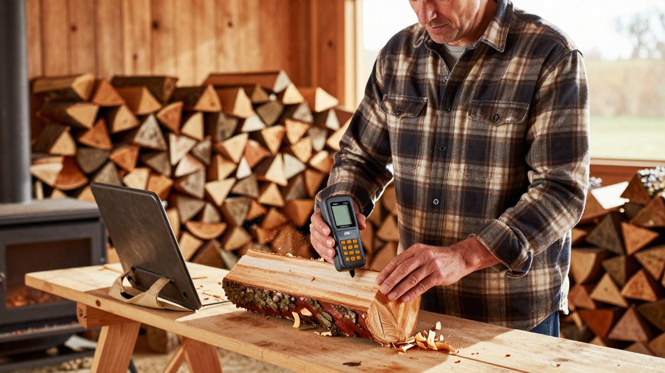 Homem a medir a humidade de um tronco de madeira numa oficina com pilhas de lenha ao fundo.