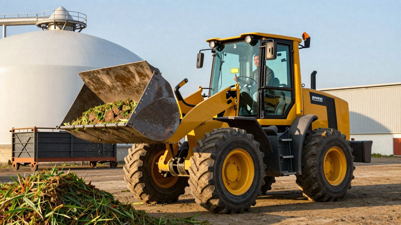 Carregadora amarela a transportar resíduos verdes em ambiente industrial agrícola ao amanhecer.