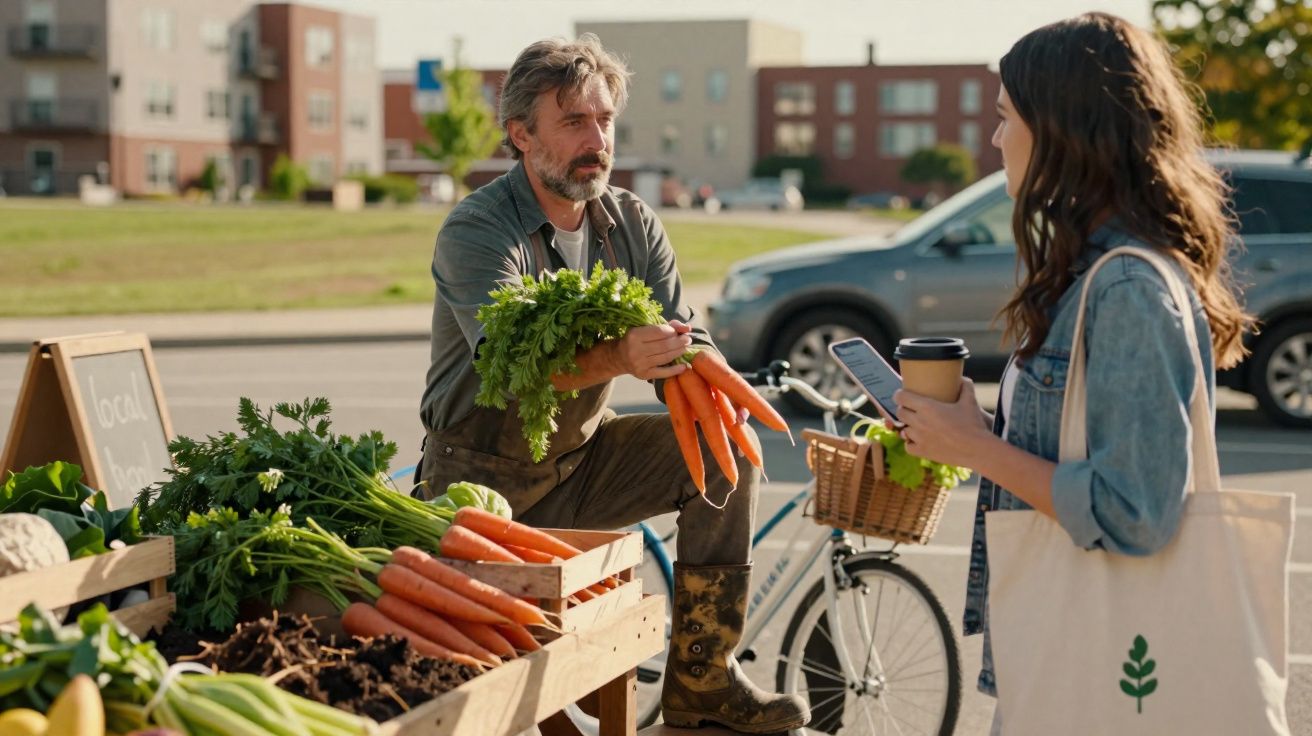 Homem vende cenouras frescas a mulher num mercado ao ar livre, com bicicleta e copo de café.