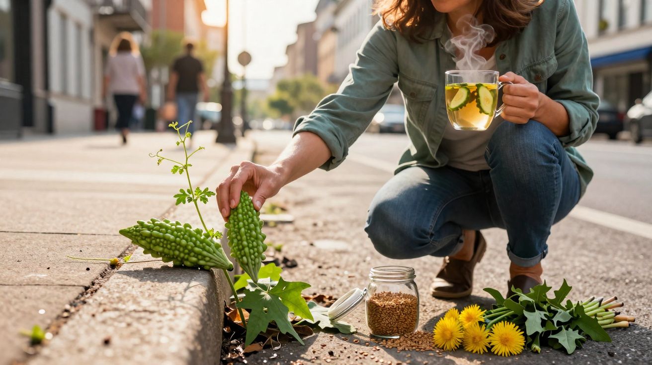 Mulher agachada numa rua com chá quente, segurando uma fruta verde e flores amarelas à sua frente.