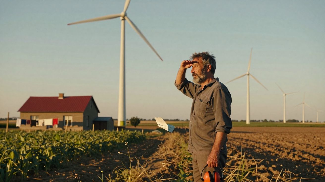 Homem observa horizonte num campo com turbinas eólicas, segurando proteção auricular e máscara facial caindo.