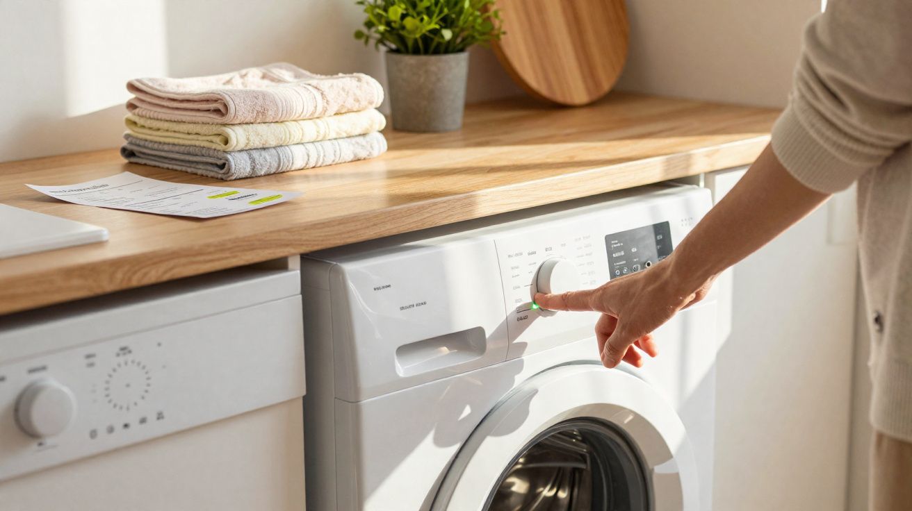 Pessoa a programar máquina de lavar roupa branca numa cozinha com toalhas dobradas e planta em cima do balcão.