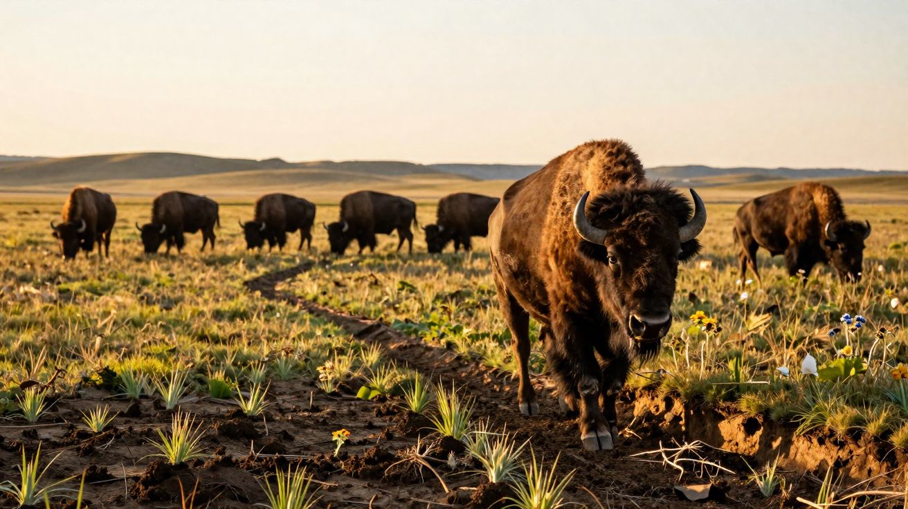 Manada de bisontes a pastar numa planície com vegetação rasteira ao pôr do sol.