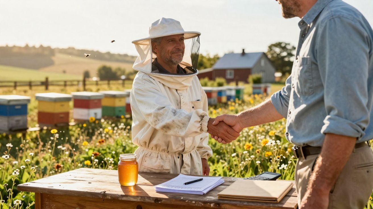 Apicultor com roupa de proteção a cumprimentar homem junto a colmeias num campo florido ao pôr do sol.