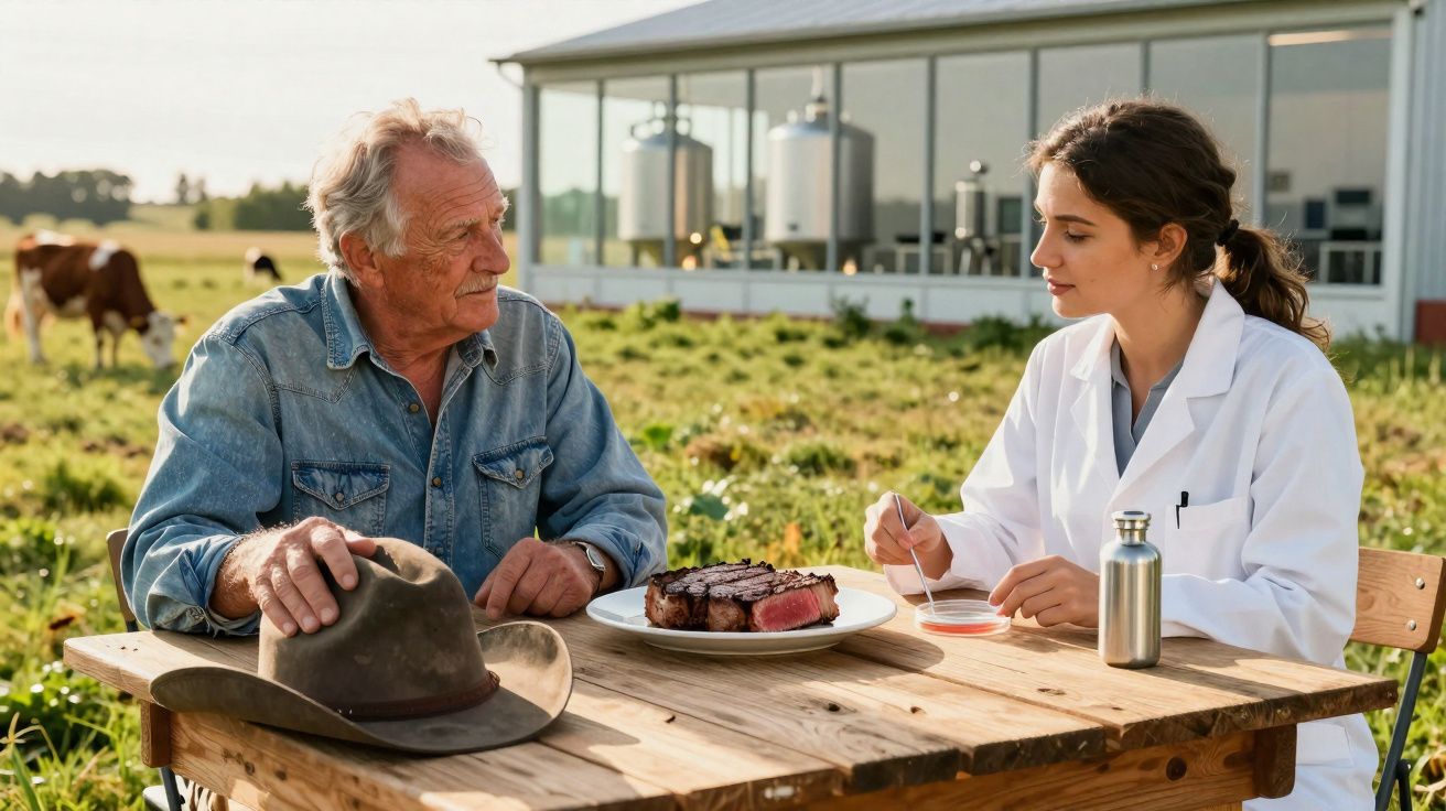 Homem idoso e mulher de bata branca analisam bife numa mesa de madeira ao ar livre numa quinta.