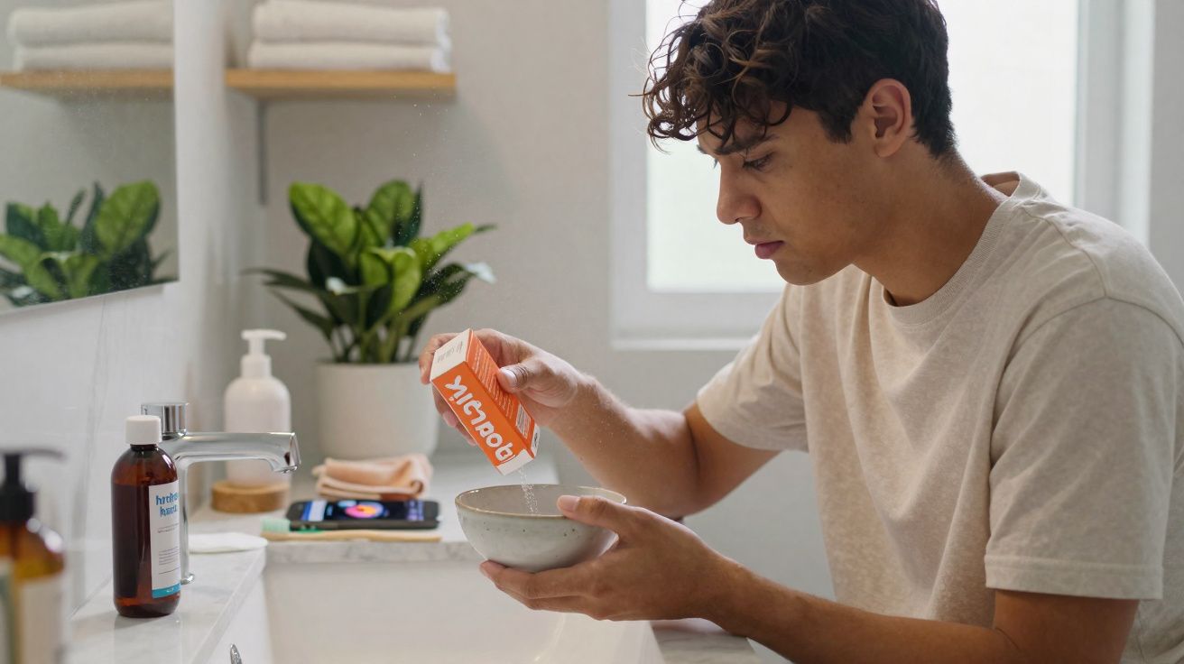 Homem a verter pó alaranjado de embalagem para taça junto a casa de banho com plantas e produtos de higiene.