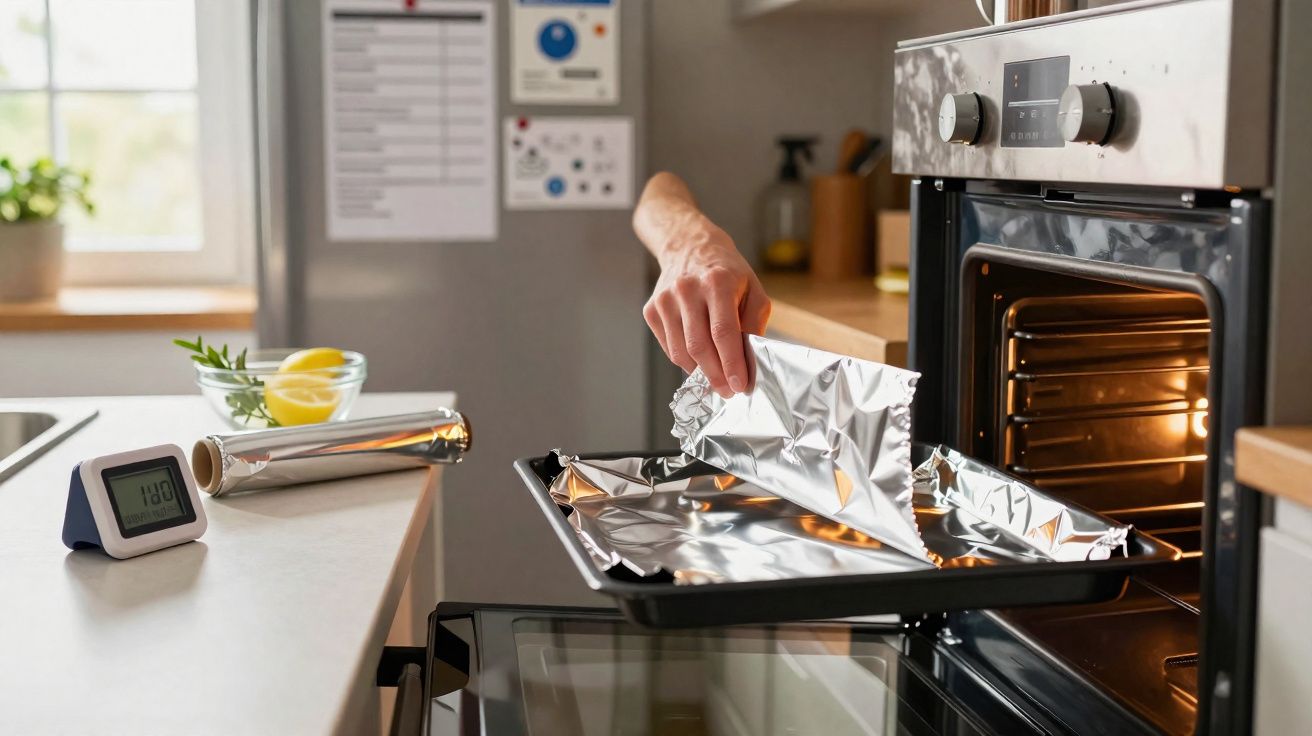 Pessoa a colocar uma assadeira com papel de alumínio num forno eléctrico moderno numa cozinha.