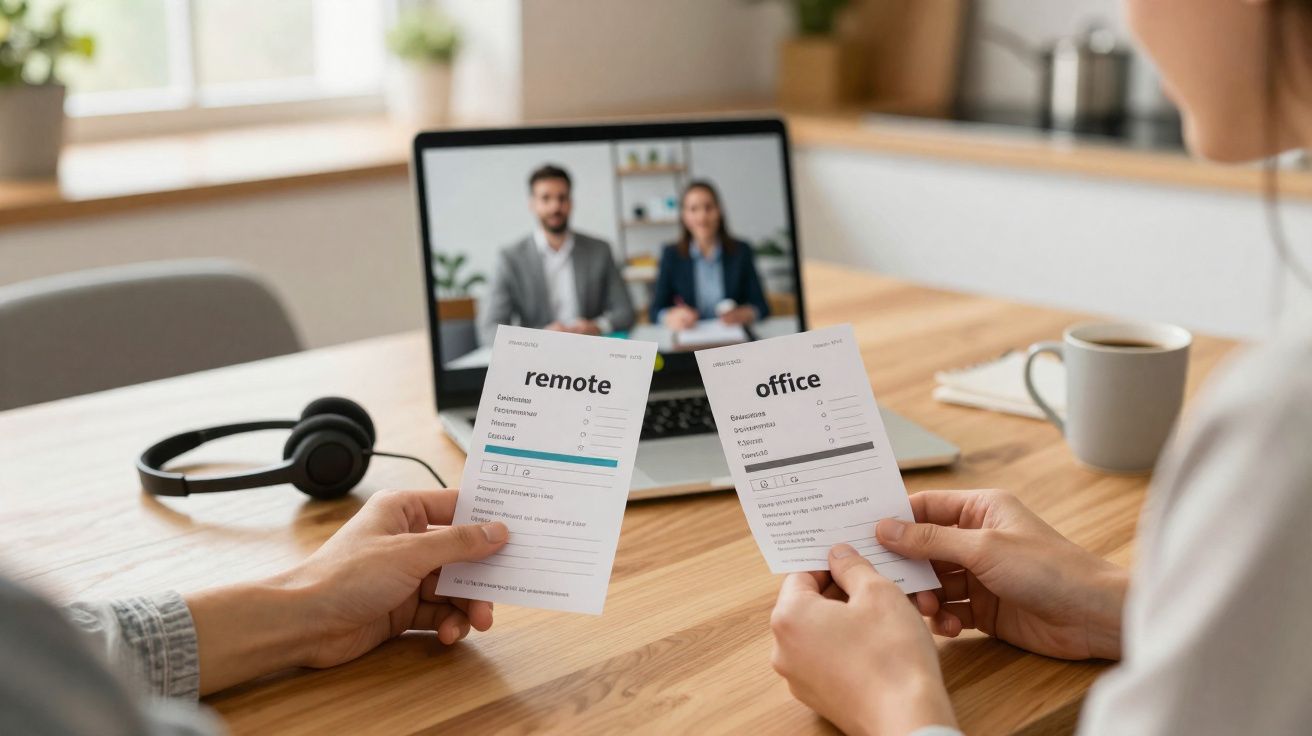 Duas pessoas seguram folhas com opções de trabalho remoto e no escritório, com videoconferência no computador.
