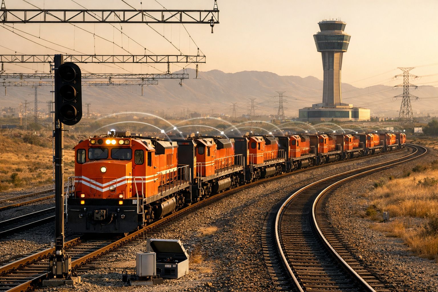 Comboio cargueiro laranja em linha férrea curva com torre de controlo e montanhas ao fundo ao pôr do sol.