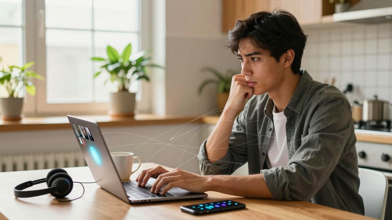 Jovem concentrado a trabalhar num portátil numa cozinha com auscultadores e telemóvel na mesa.