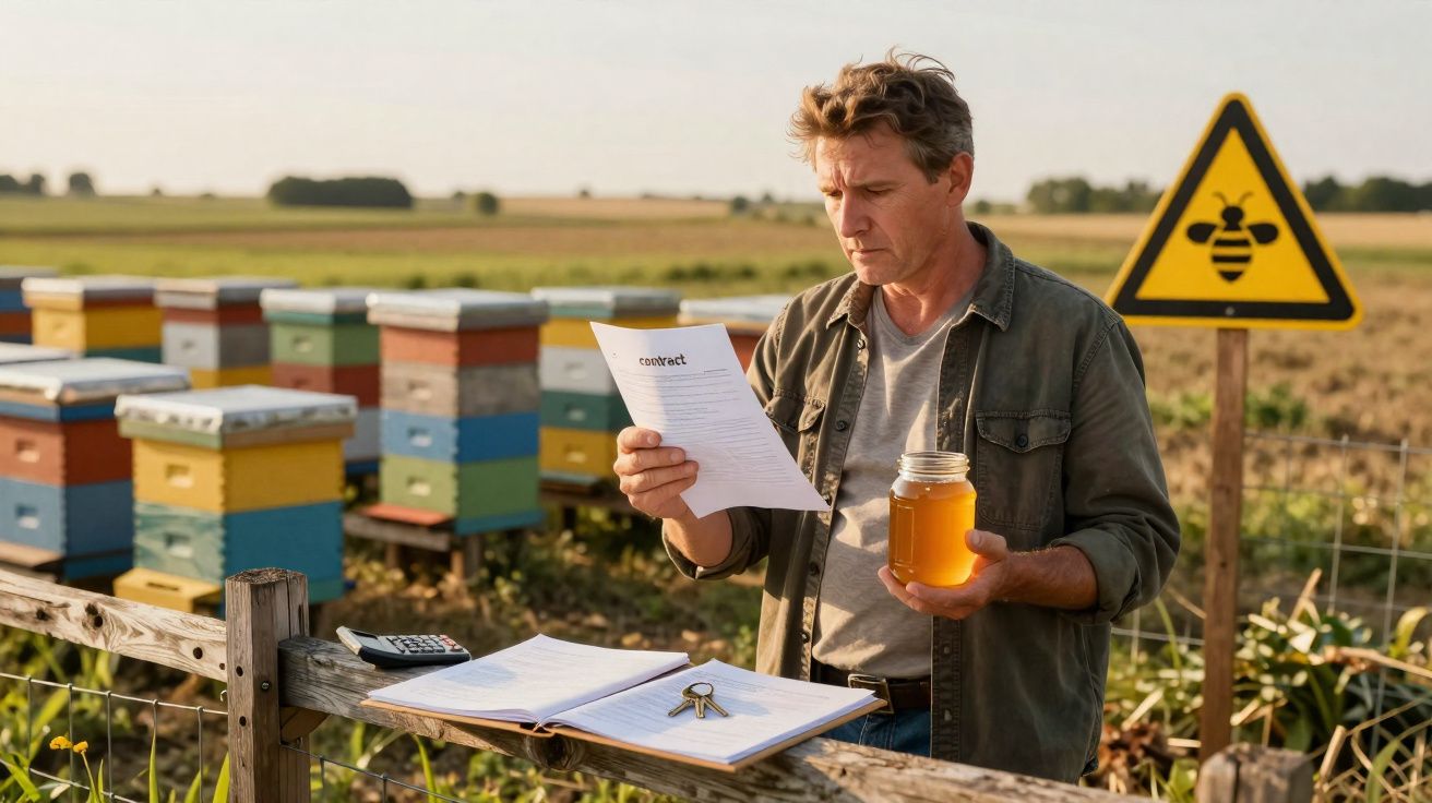 Apicultor segura pote de mel e lê contrato junto a colmeias em campo, ao lado de sinal de alerta de abelhas.