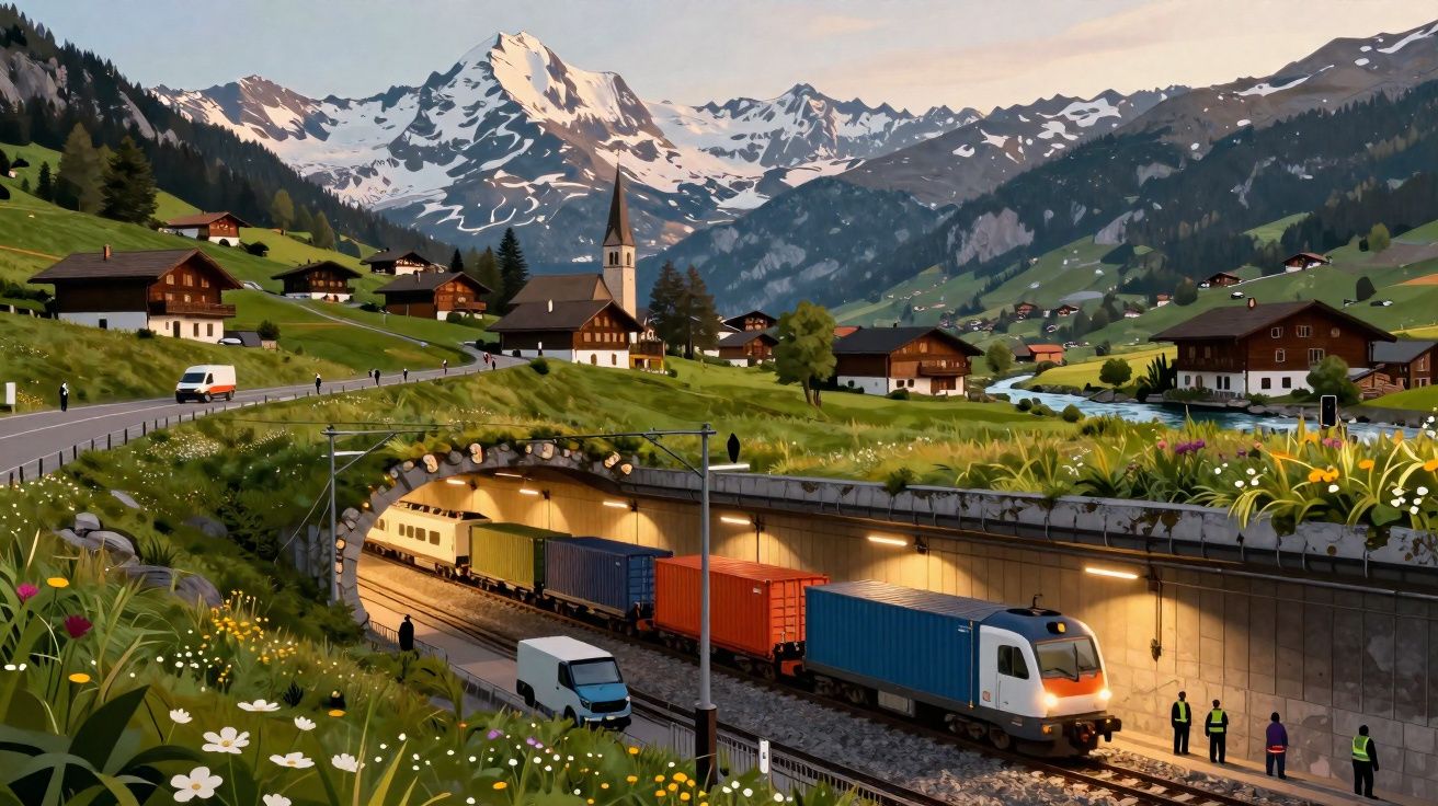 Comboio de mercadorias a sair de túnel numa vila alpina com montanhas nevadas ao fundo e flores no primeiro plano.