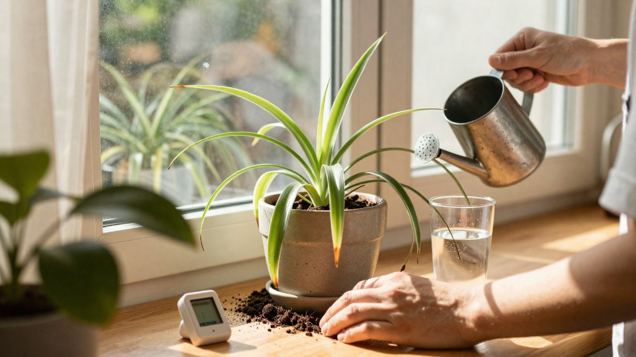 Pessoa a regar planta verde em vaso cinzento junto a janela com outra planta e termómetro numa mesa de madeira.