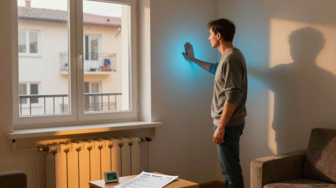 Homem sozinho em casa toca numa parede iluminada com luz azul junto à janela durante o dia.